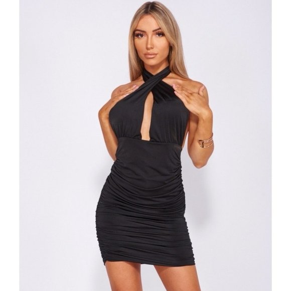 Black Sleeveless Halter Neck Open Back Backless Ruched Cutout Bodycon Mini Dress - Picture 5 of 15